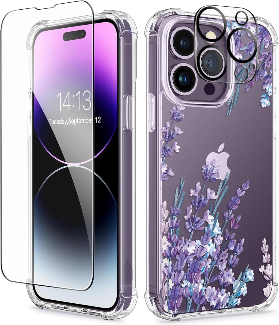 GVIEWIN for iPhone 14 Pro Max Case Floral, with Screen Protector&Camera Lens Protector,[Non Yellowing]Soft Shockproof Clear Phone Protective Cover for Women, Flower Pattern 6.7"(Light Lavender/Purple)