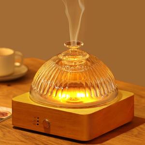 200ml Glass Dome Essential Oil Diffuser, Ultrasonic Aroma Diffusers with Plastic Free Glass Reservoir Wood Base with Timer Auto-Off Brightness Adjustable Flame Light, DN-839