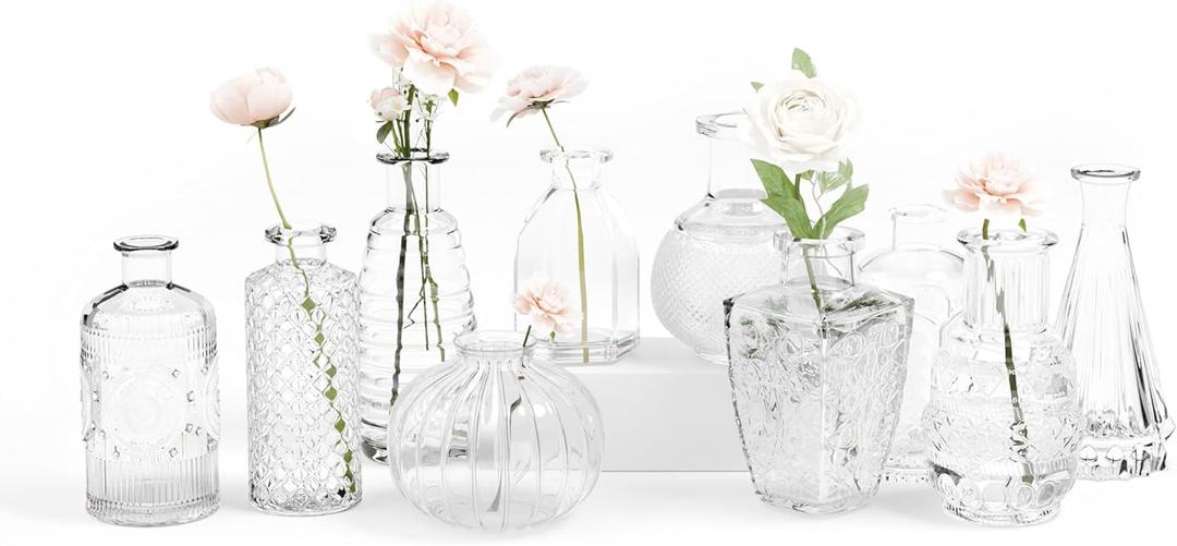 Gather & Bloom Creations Glass Bud Vases in Bulk  Set of 10 Mini Wedding Centerpiece Vases  Durable, Vintage-Inspired Clear Glass Vases for Flowers and Table Decor