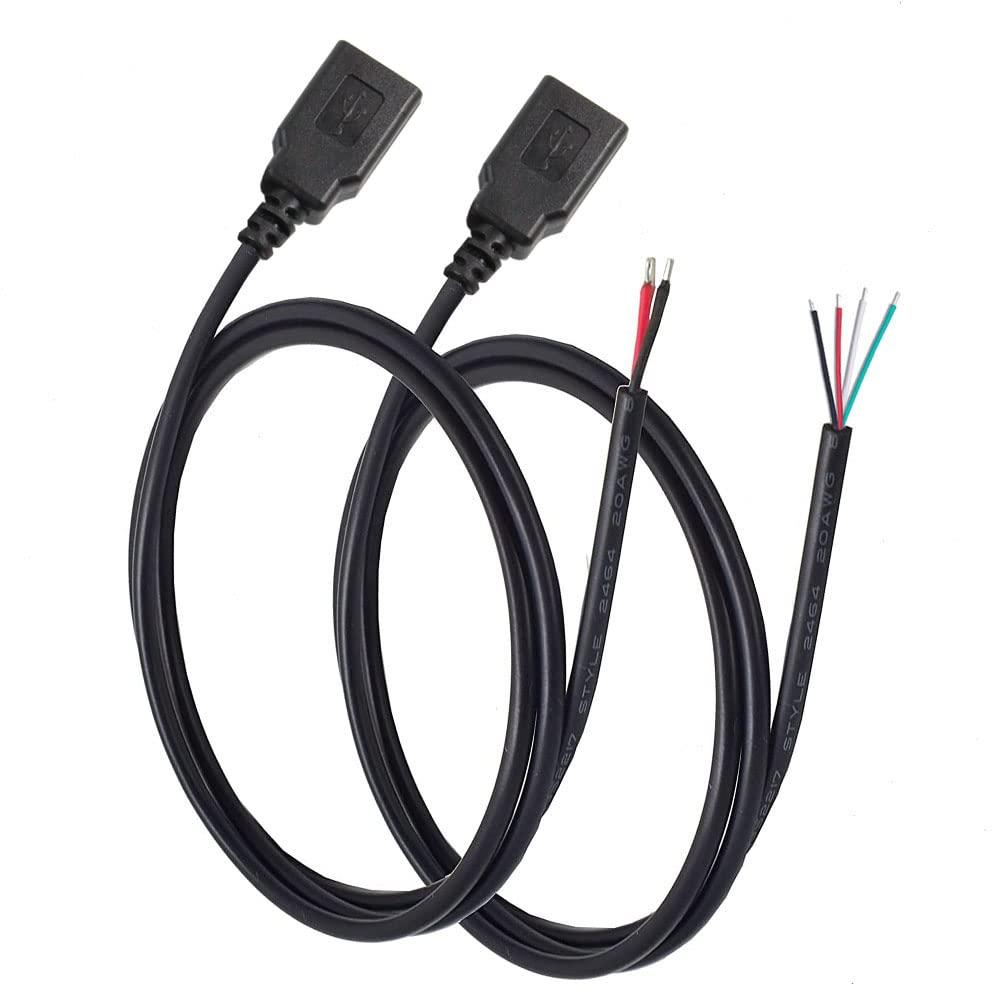 2 x 2Pcs USB A Female Plug to Bare Wire Open End Cable 3.3Ft(100cm) 5V 2.1A 2 & 4 cores Power and Data Transmission Pigtail Repair Tin on The Tail Cable Cord DIY Black