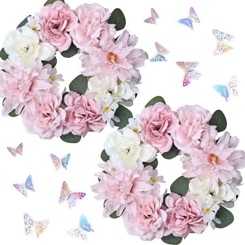 DIYDOFUN Artificial Flower Candle Rings - 6 Inch Inner Rose Floral Wreaths with Butterflies for Wedding Bridal Event Table Centerpieces Backdrop Decorations (Pink & White, 2 X Candle Rings)