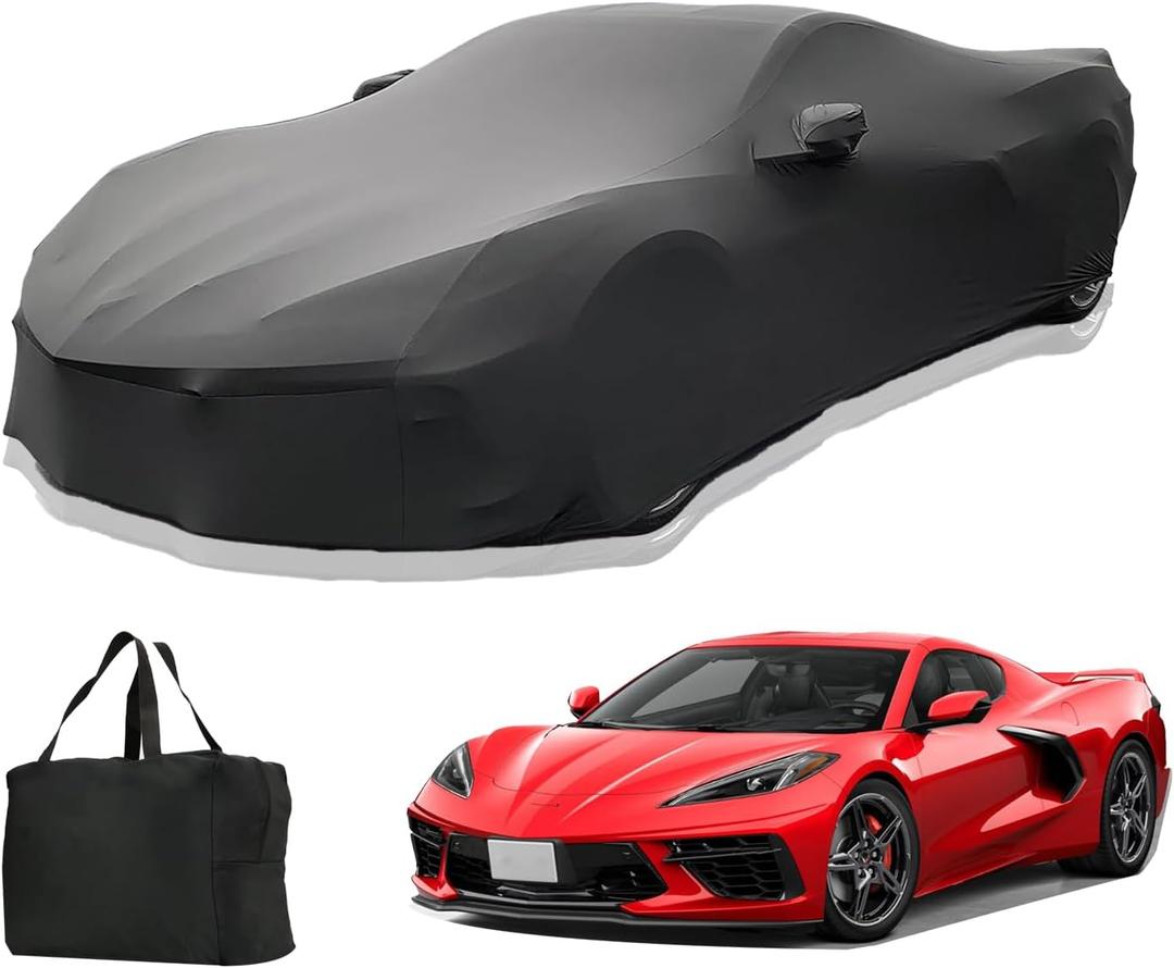 Indoor Car Cover Custom Fit for 2024-2020 Corvette C8 Luxurious Soft Stretch Satin Car Cover Breathable Dust-Proof for Underground Garage, Car Show