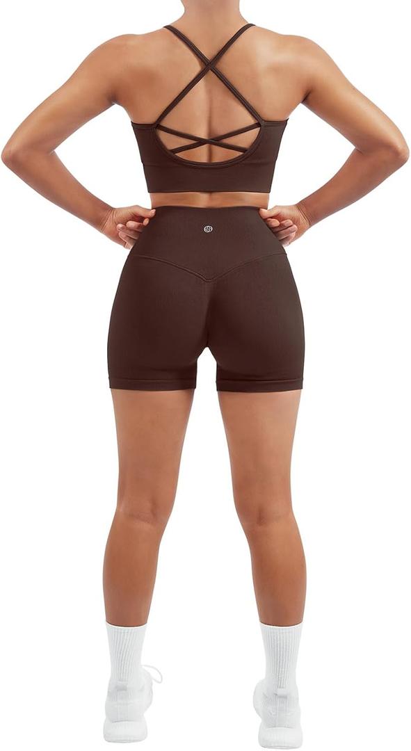 SUUKSESS Women Seamless 2 Piece Workout Sets Criss Cross Sports Bra High Waist Booty Shorts, Size: L