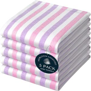 Fiesta Stripe 100% Cotton Dish Towels Set of 5, Large 18x26 Inch, Quick Dry, Absorbent & Reusable for Cleaning, Cooking, Kitchen Decor, Machine Washable, Rose Pink & Lavender