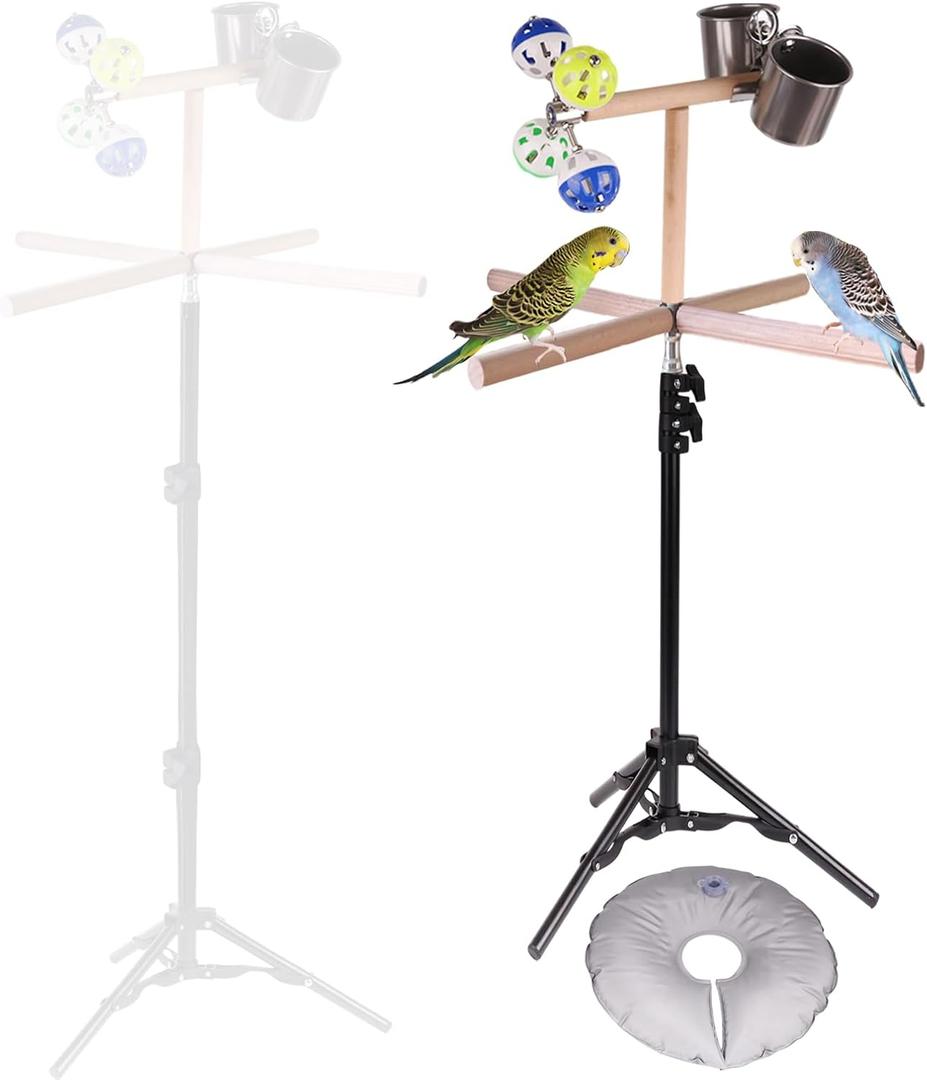 Bird Stand for Inside, Training T-Perch with 15-39 Inch Adjustable Height Tri-pod Base, Parakeet Spinning Perch with Feeding Cups, Exercise Stand for Inside (Upgrade)