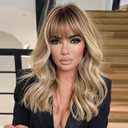 Blonde Wig with Bangs Dirty Blonde Wig for Women Long Wavy Curly Heat Resistant Fiber Synthetic for Daily Party Use (20inch)