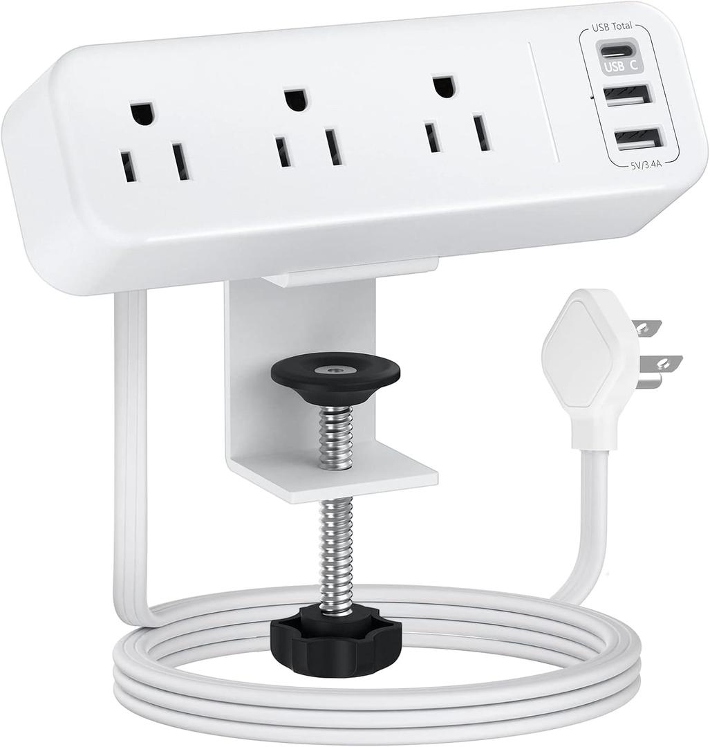 3 Outlet Desk Clamp Power Strip with USB C, White Flat Plug Desktop Edge Power Strip, Desk Mount Clamp Socket Connect 6.5 ft Thin Extension Cord for 1.6 inch Tables.