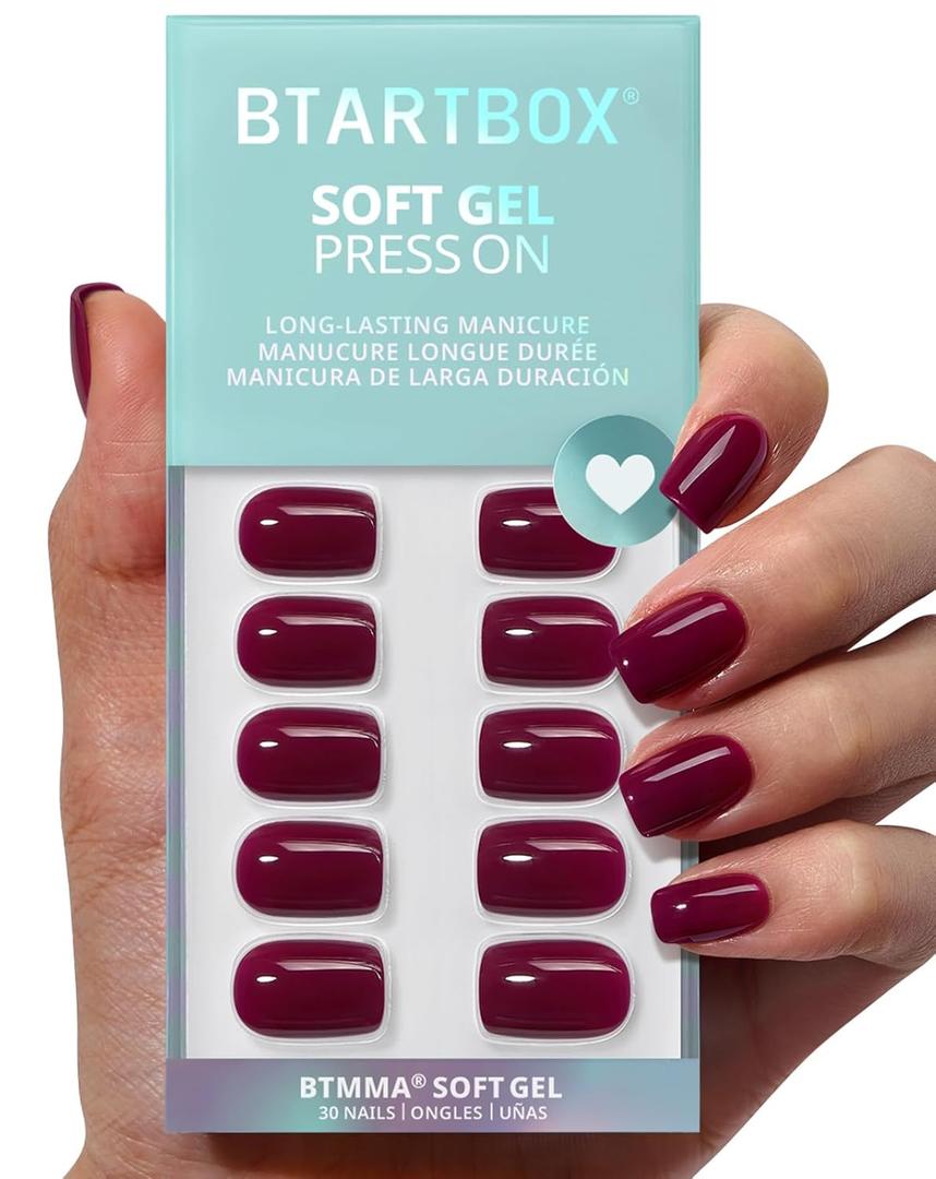 BTArtbox Press On Nails Short - Plum Red Squoval Press On Nails with Glue for Women, Opaque Soft Gel Glue On Nails in 16 Sizes - 32 Stick On Nails Kit, Blackberry