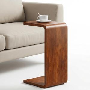 CHSSIH C Shaped End Table for Couch - Wooden Sofa Side Table, Slide Under Couch Table for Living Room, Bedroom, Laptop, Coffee, Small Space Narrow Furniture, Walnut