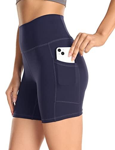 YUNOGA Women's High Waist Yoga Shorts Inseam Biker Shorts Workout Spandex Shorts with Pockets (XL, Navy)