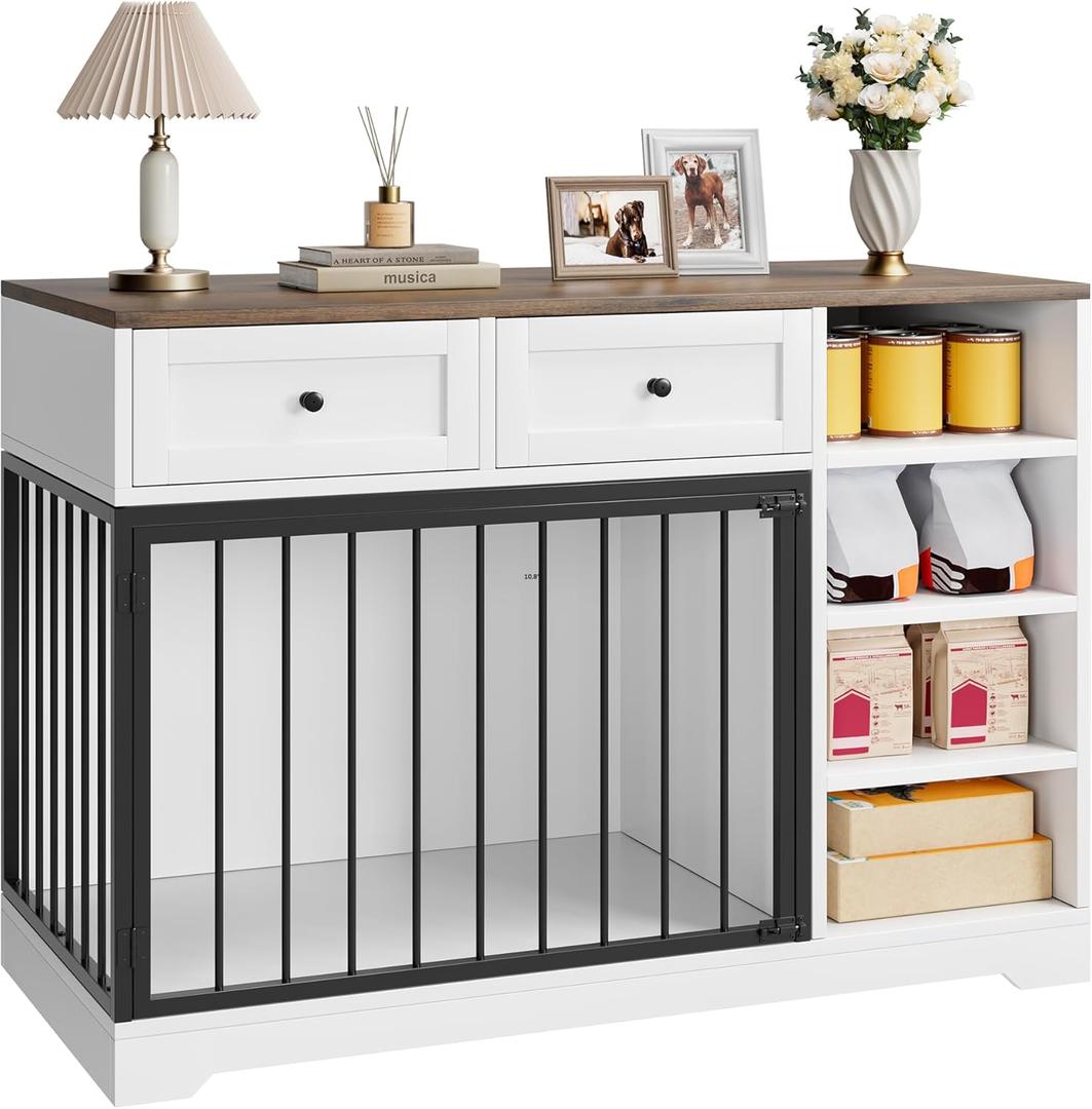 IDEALHOUSE 47 Large Dog Crate, Dog Kennel Indoor with 2 Drawers and 4 Shelves, Dog Crate Furniture TV Stand, Wooden Dog Cage for Medium Large Dogs, White