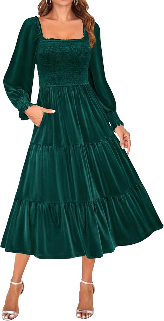 ZESICA Women's Velvet Long Sleeve Dresses 2026 Winter Square Neck Smocked Ruffle A Line Flowy Cocktail Party Midi Dress (Dark Green, Medium)
