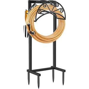 TomCare Garden Hose Holder Heavy Duty Water Hose Holder Holds 160 FT Hose 4 Spikes Hose Reel with 2 Tool Hooks Freestanding Hose Hanger Sturdy Hose Storage Stand for Outside Yard Lawn, Black