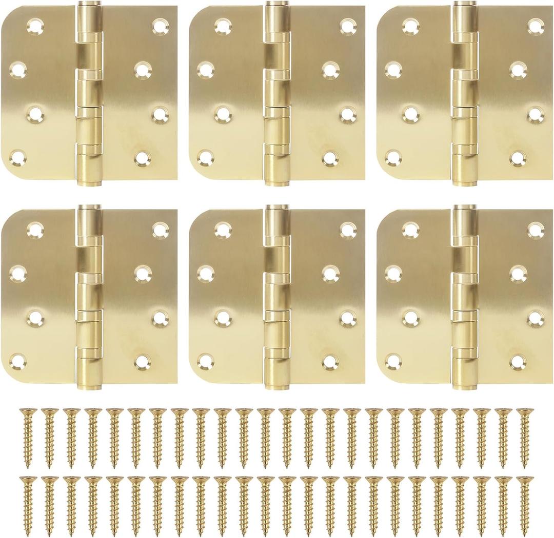 6 Pack Gold Ball Bearing Door Hinges, 4.0 x 4.0 Inches Heavy-Duty Stainless Steel Door Hinges for Exterior & Interior Doors, Square & 5/8'' Radius Corner