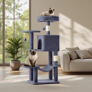 44 Inch Small Cat Tree Tower for Indoor Cats and Kittens | Multi-Level Cat Climbing Tower with Natural Sisal Scratching Post and Hammock, Pet Condo, Grey