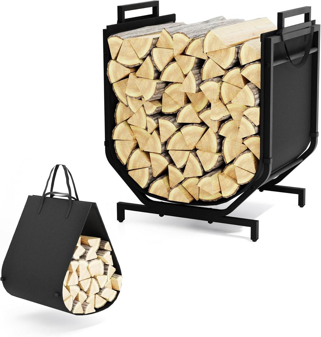 Firewood Rack Outdoor Indoor with Canvas Firewood Carrier, Small Wood Rack, Heavy-Duty, Sturdy, Waterproof Wood Storage Firewood Organizer for Fireplace Decor