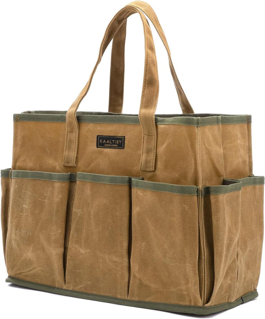 16OZ Waxed Canvas Tool Tote Bag | Large-Capacity Tool Storage Tote with 10 External Pockets | Multi-Purpose Garden Tool Carrier for Gardening, Wrench, and Carpentry Tools  Khaki