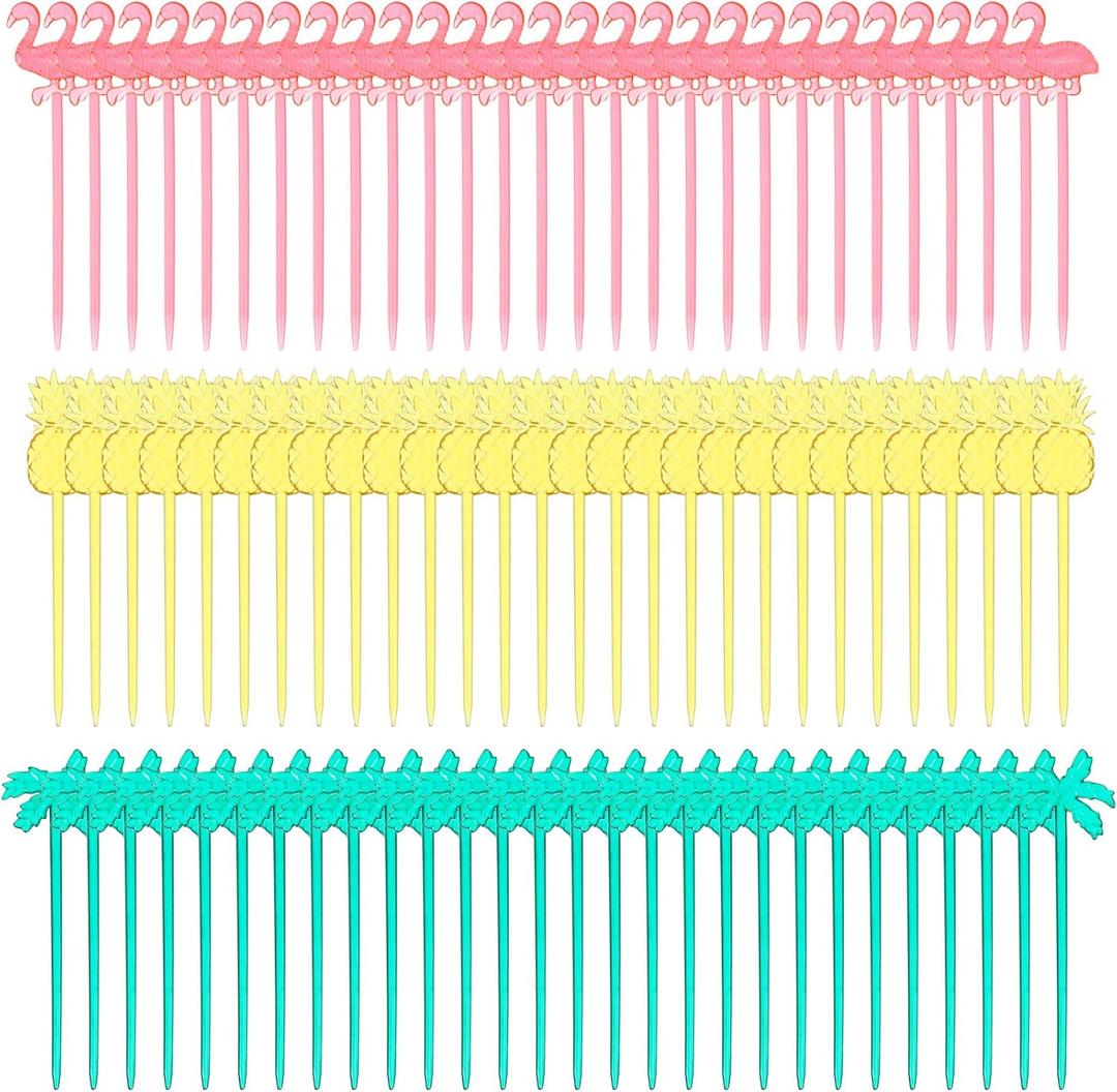 300 Pieces Plastic Cocktail Picks Fruit Stick Appetizer Picks Plastic Drink Picks Flamingo Pineapple Palm Tree Cupcake Toppers for Luau Tropical Hawaiian Pool Party Supplies, 3 Styles, 8 cm/ 3.2 inches long