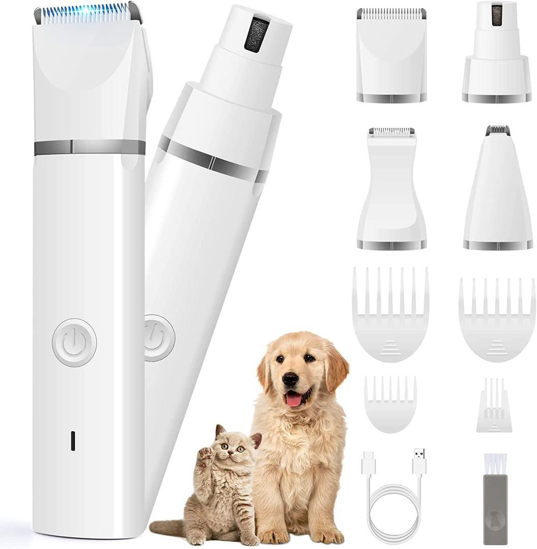 Dog Clippers Grooming Kit Hair Clipper-Low Noise Paw Trimmer- Rechargeable - Cordless Quiet Nail Grinder Shaver for Cats and Other Pets (White)