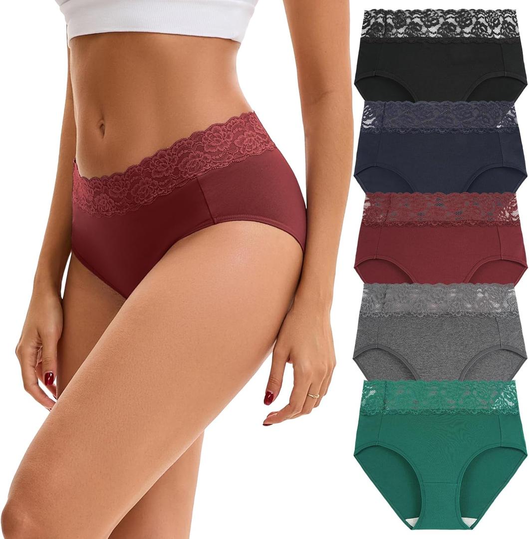 INNERSY Womens Cotton Underwear Lace Bikini Hipster Panties for Women High Waisted Ladies Briefs 5 Pack(Dark Vintage, Large)