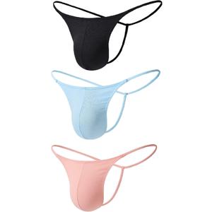 Seamless Cotton Men's G-String & Thong - Ultra Thin Travel Underwear (Black/Blue/Pink), Large