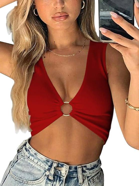 Sexy Crop Tops for Women Sleeveless Deep V Neck Workout Tops Plunge Ring Cleavage Cropped Tank Top (M, Red)