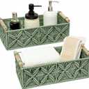 HOSROOME Macrame Boho Decor Baskets for Organizing Woven Decorative Basket for Countertop Toilet Paper Basket for Tank Top for Home Decor Bedroom Nursery Livingroom Entryway (Set of 2,Green)