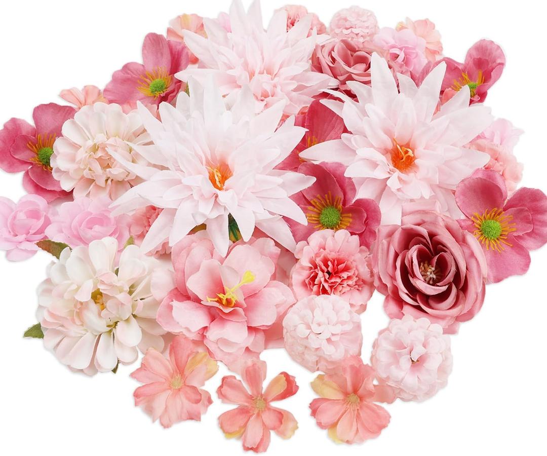 56 PCS Fake Flowers for Crafts, Artificial Pink Silk Flower Heads Bulk Faux Mini Flowers for Craft Garland Wedding Bridal Party DIY Home Centerpieces Decoration