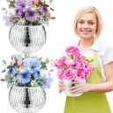 2 Pcs Disco Ball Vase, 5 x 6 Inch Mirrored Disco Ball Planters Perfect for Decorative Living Room, Bedroom, Dining Table, Wedding, Party, Birthday (Silver)