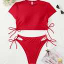 Lilosy Drawstring Bikini Set Srting Swimsuit Short Sleeve Top and Tie Side Bottom 2 Piece (Red, M)