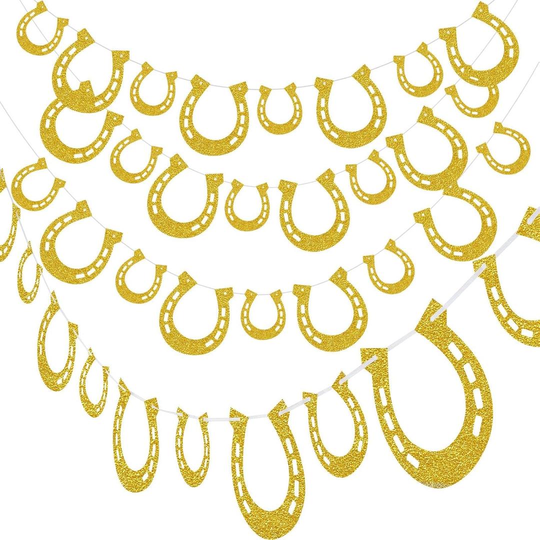 Sumind 4 Pieces Derby Garland Horseshoe Garland Glittered Horseshoe Banner Horse Hoof Birthday Banner for Derby or Western Themed Cowboy Wedding Party Decoration, Pre Assembled(Gold)