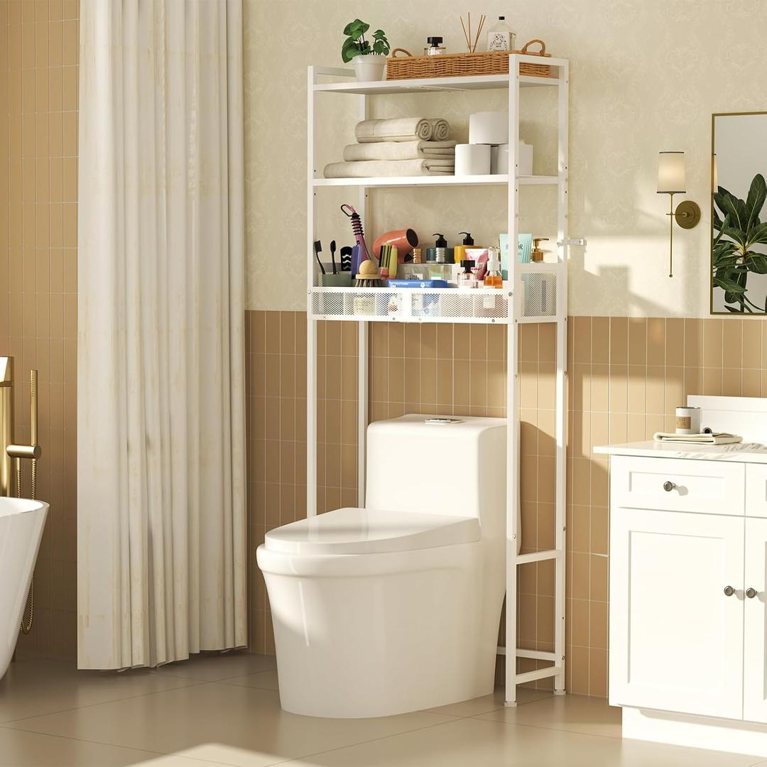 Yuzehuaza 3-Tier Over The Toilet Storage Shelf, Metal Over Toilet Bathroom Organizer with Dividers, Freestanding Bathroom Space Saver Rack with Adjustable Shelf & Feet, White