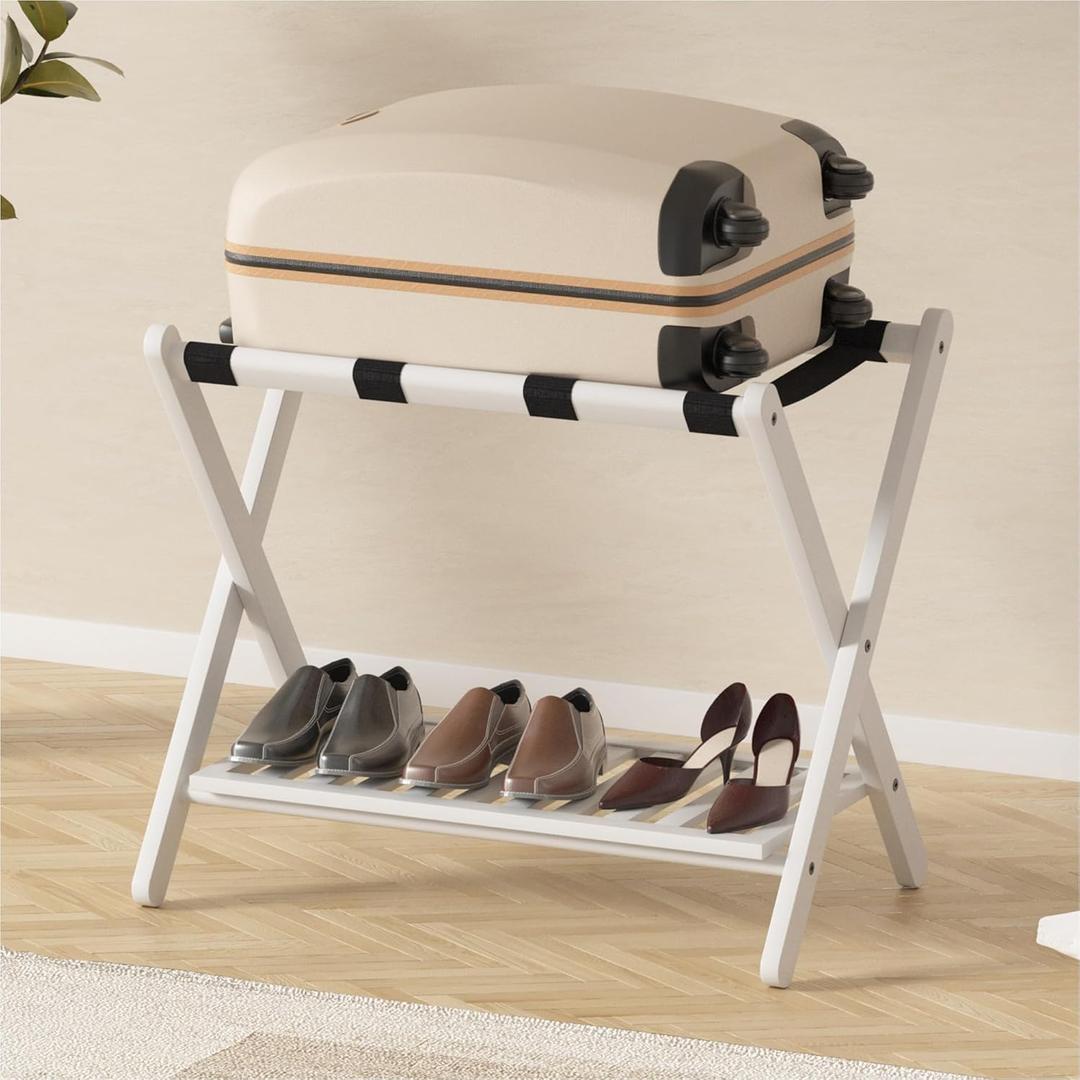 Forevich Luggage Rack Bamboo Folding Suitcase Stand with Storage Shelf for Guest Room Living Room Hotel Essentials Heavy-Duty Luggage Holder for Suitcases Bags Shoes , White