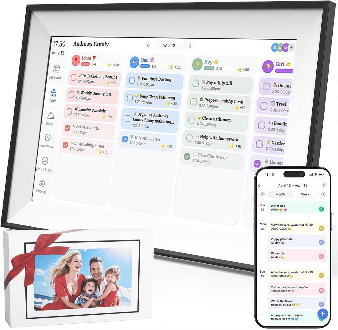 10.1 Inch Smart Family Digital Calendar with Touchscreen All-in-One Planner, Chore & Meal Chart, Syncs with Google/Outlook/iOS, WiFi Desk Organizer & Digital Photo Frame (Black)