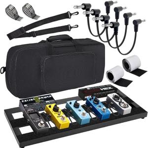 Medium Guitar Pedal Board, 20x8x1.2", Aluminum Alloy Black Effects Pedal Board with 4 Pcs 6 Inch Guitar Pedal Cable, Carrying Bag, Adhesive Hookside Tape