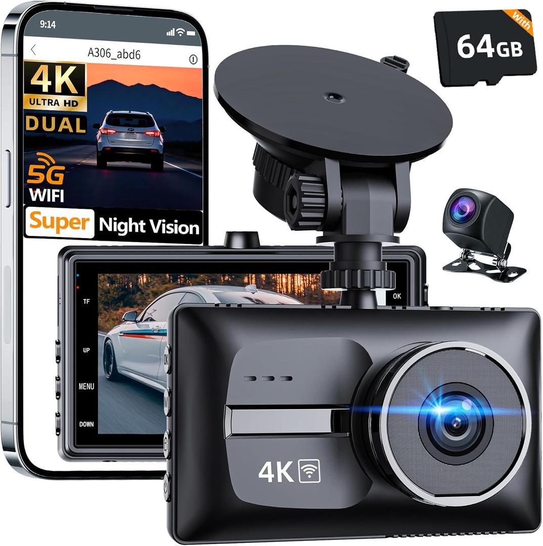 Dual Car Dash Cam Front and Rear,4K Front with Rear Dash Camera,5G WiFi for Cars with App, 3.0" IPS Screen,UHD Night Vision 24H Parking Mode, Dual 170 Wide Angle, WDR, G-Sensor,with a 64G Card