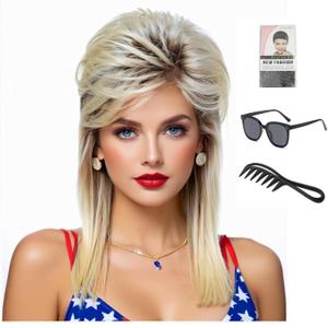 Mullet Wigs for Women Curly Shoulder Length Fluffy Hair 70s 80s Rocker Party Cosplay Synthetic Wigs (Blonde Mix Black)