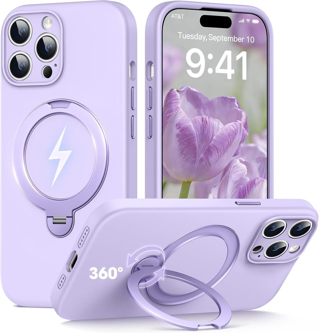  Case for iPhone 14 Pro Max, [360° Rotating Magnetic Ring Stand] with Strong Holder, Military-Grade Shockproof Silicone Phone Case, Full Protection Hands-Free Video Calls Car Mount, Purple