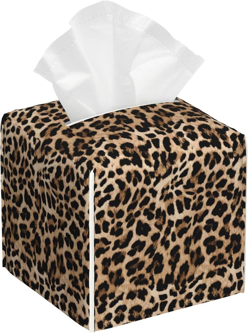 Leather Tissue Box Holder Leopard Print Tissue Box Cover Square Waterproof Tissue Holder Organizer Modern Napkin Holder for Bedroom Dresser Night Stand Office Desk