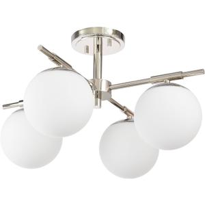 4 Light Semi Flush Mount Ceiling Light Fixture Polished Nickel Light Fixture with Globe Milk Glass Shade for Bedroom, Living Room, Dinning Room, Foyer Hallway Corridor Laundry Room Bar