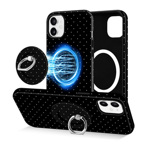 Compatible with Magsafe Polka Dot Phone Case for iPhone 12/12 Pro, Cute Aesthetic Magnetic Ring Holder Stand Case, Soft TPU and Hard PC Protective Phone Cover for Women Girls - Black Polka Dot