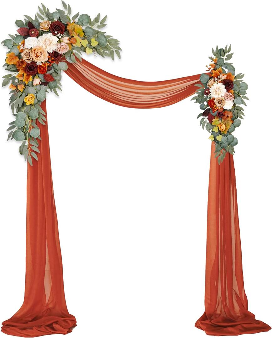 Artificial Wedding Arch Flowers Kit(Pack of 3),2Pcs Artificial Flower Arch Decor,1Pcs Sheer Drape for Wedding Ceremony Arbor for WeddingCeremony (Sunset Orange)