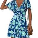 ZABERRY Romper Dress Sexy Summer Outfits Petite Jumpsuits Blue Resort Wear Short Rompers for Women Floral Vacation Coverups, S