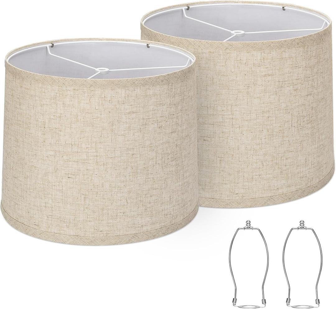 Lampshades Set of 2, Drum Lampshades 11.6" Top x 12.6" Bottom x 9.8" High, Seaside village Medium Lampshades (Spider Fitter), Beige Lampshades Natural Linen Hand Crafted, Easy Assembly Required