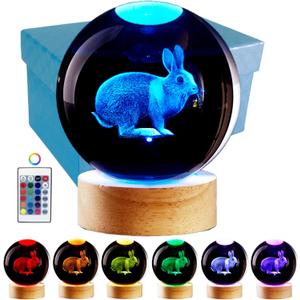 3D Crystal Ball Lamp with Lifelike LED Rabbit, 16 Color Changing Light, Dimmable Remote Control