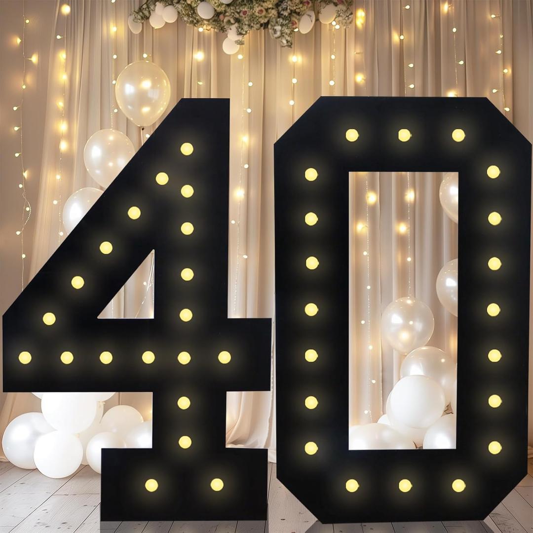 4FT Marquee Light Up Numbers, Black Giant Marquee Number Big Mosaic Number for 40th Birthday Party Decorations Backdrop 40 Anniversary Decor, Pre-Cut Frame Large Number 40