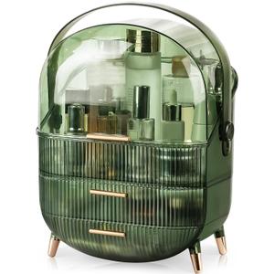 CANITORON Makeup Organizer,Large Capacity Skincare Organizer for Vanity,Cosmetic Organizer with 2 Drawers and Transparent Cover for Bedroom Countertop and Bathroom Countertop Storage(L, Green)