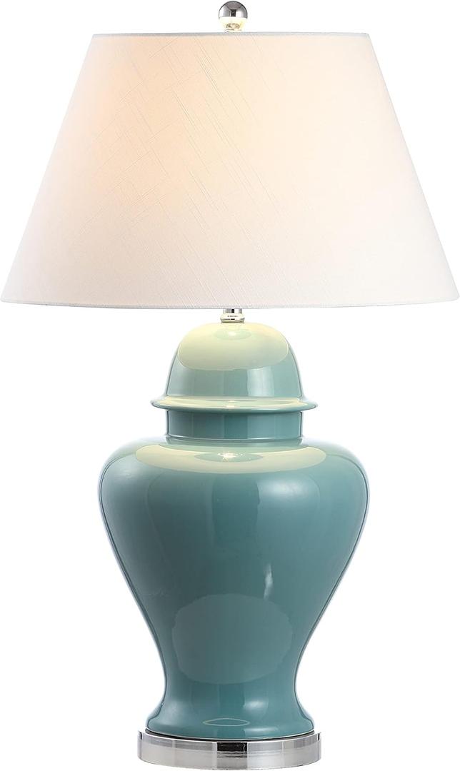 JONATHAN Y JYL6620A 33" Tall Teal Ceramic Ginger Jar Table Lamp for Living Room, Modern Traditional Bedside Nightstand Lamp for Bedroom with White Linen Shade and Chrome Base, LED Bulb Included