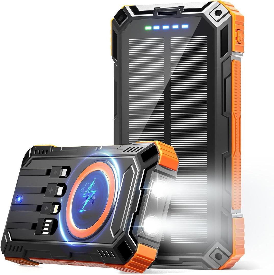 Solar Power Bank 49800mAh Wireless Portable Charger with USB-C 15W Fast Charging with 4 Built-in Cables LED Flashlight Battery Pack Compatible with iPhone, iPad, Smartphone,Perfect for Camping, Hiking (Orange)