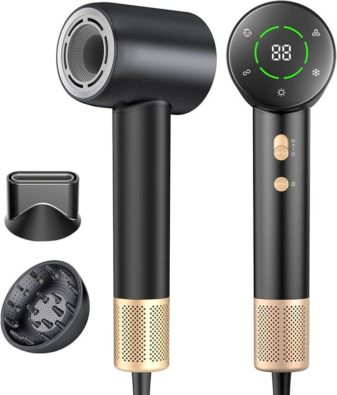 High Speed Hair Dryer, Professional Ionic Hairdryer with Brushless Motor for Fast Drying, Thermo-Control Quiet Hair Blow Dryer with Magnetic Diffuser for Women & Men, Home, Salon, Travel